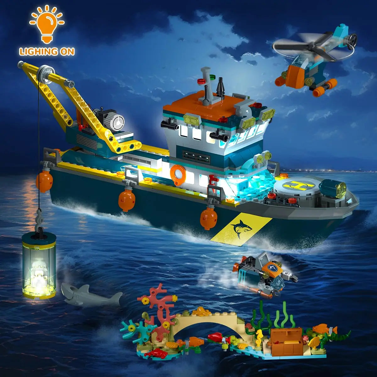 Floatable Boat Building Set with LED-Fun Arctic Explorer Ship with Helicopter Sub Shark Cage Birthday Gift for 6+kids
