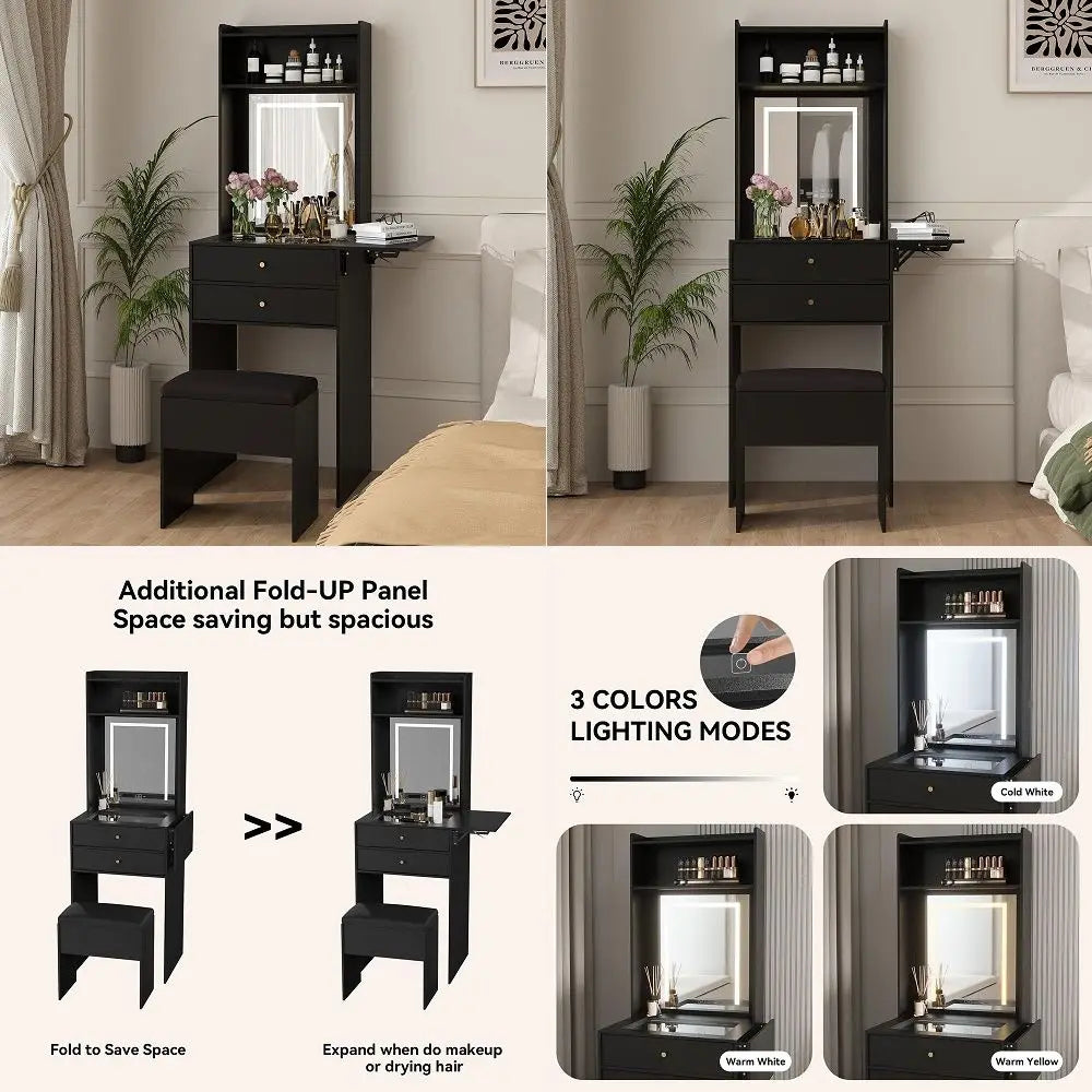 Table with Lighted Mirror and Stool, 3in1 Vanity Desk with 3Color LED Lights and 2 Drawers, FlipTop Hidden Storage Makeup Table
