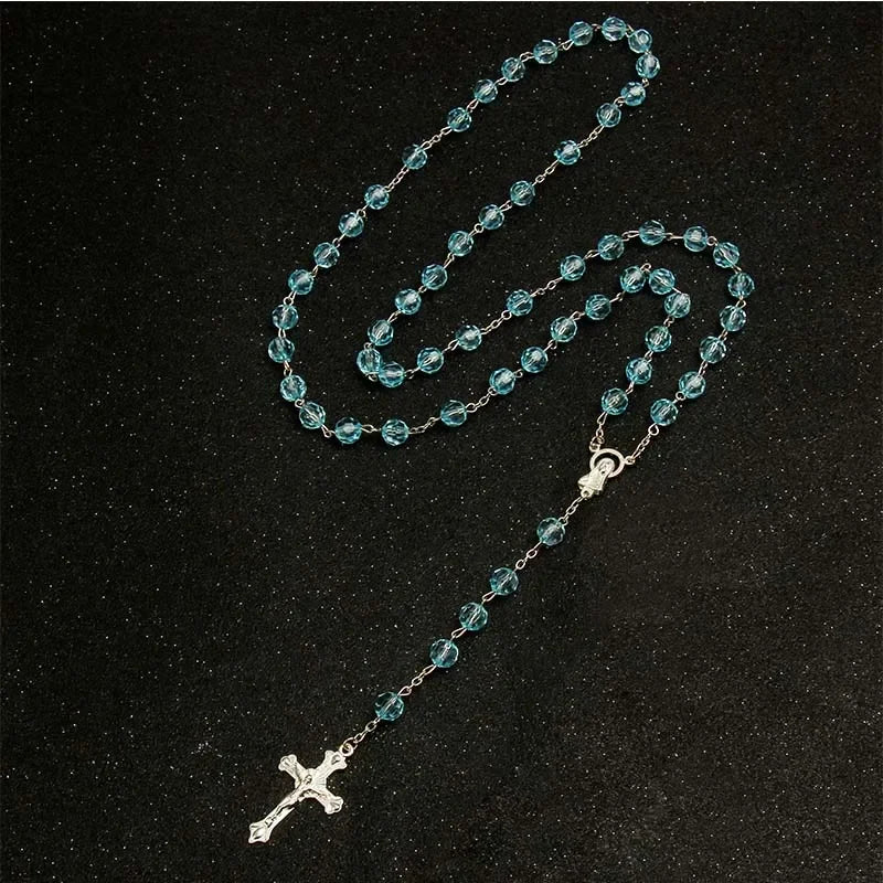 8mm fashion rosary ladies necklace high quality diy Jesus Christian cross necklace and pendant long chain jewelry jewelry