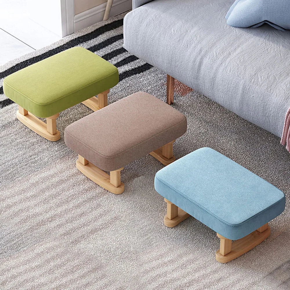 Coffee Color Solid Wood Rocking Footstool Linen Upholstered Padded Ottoman Stool Portable Small Shoe Changing Bench Low Foot Rest Stool for Entryway Living Room Sofa Side Bedroom Home Furniture 1 Piece