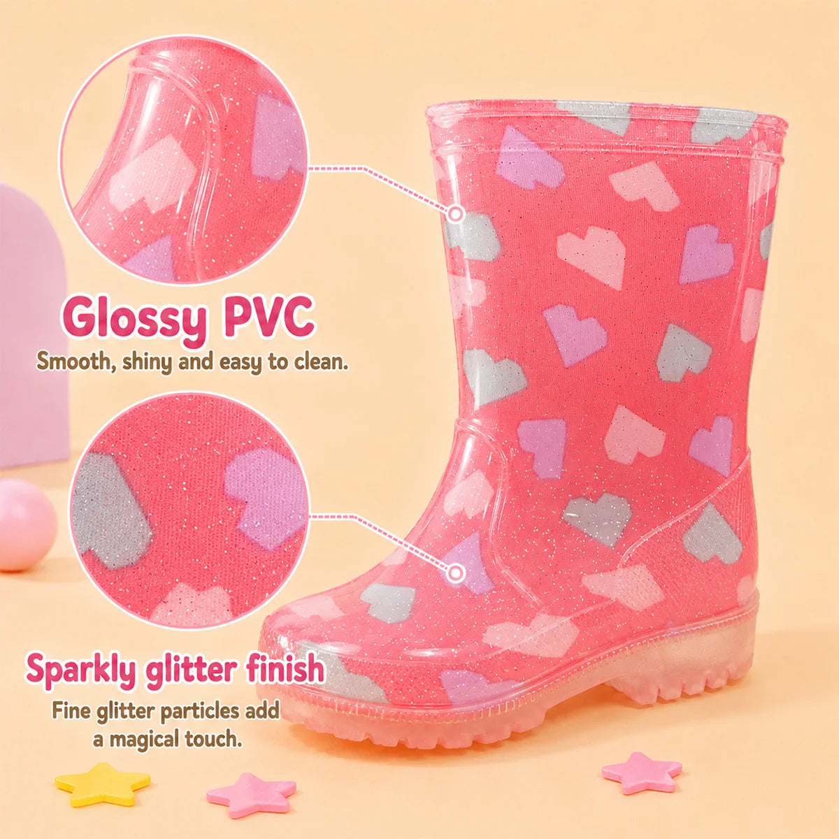 Cute Pink Heart Pattern Toddler Rain Boots Sparkly Transparent Kids Water Boots Outdoor Walking Galoshes