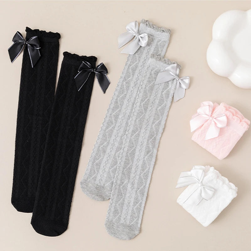 1pcs Girls Knee High Socks Spring Summer Baby Kids Toddlers Long Soft Cotton Socks Student Lace Bow Childrens Lolita Style Socks