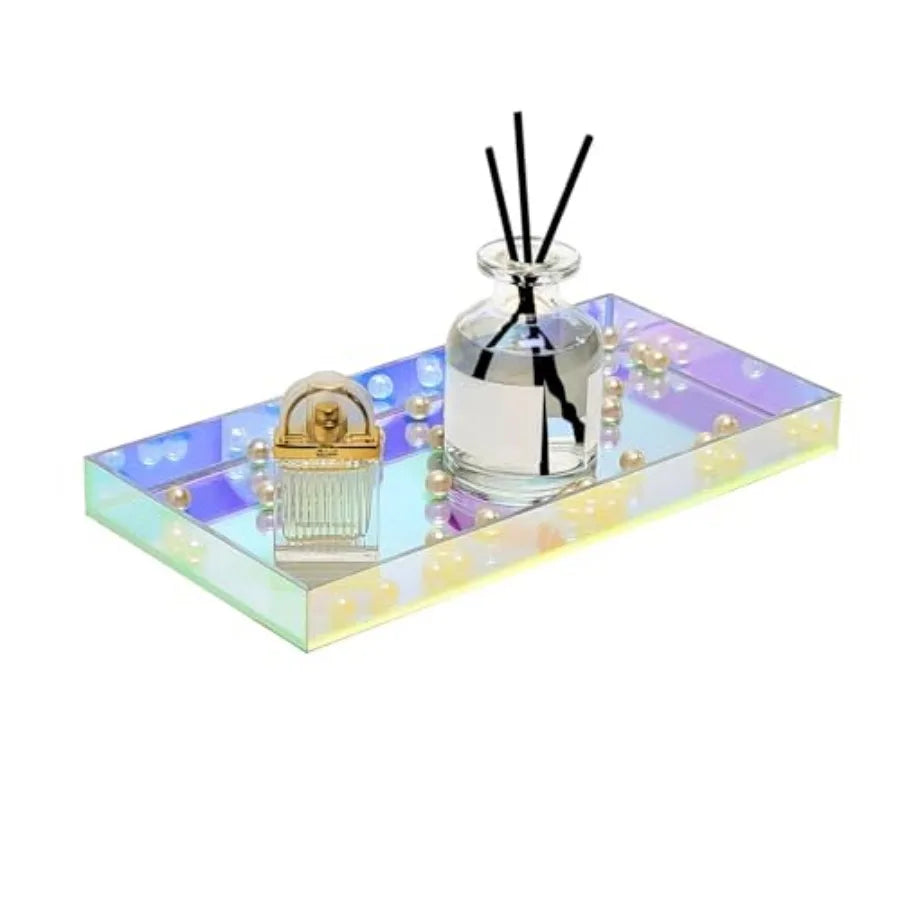 Iridescent Acrylic Vanity Tray, Small Acrylic Trays Spill Proof 10x5 Inch Perfume Tray, Decorative Tray for Bathroom Countertop