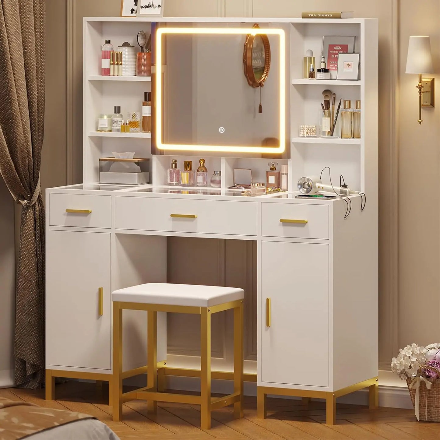 White Vanity Desk, Openable Light Mirror & Glass Tabletop, Charging Station Makeup Dressing Table, Custom