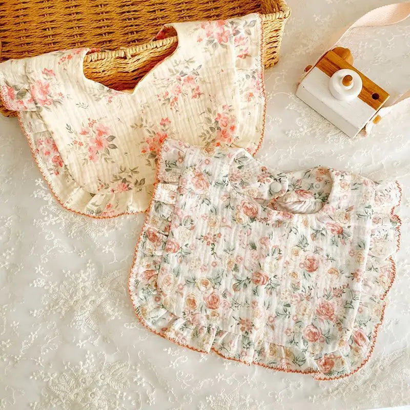 2pcs Floral Print Baby Bibs U-Shaped Snap Saliva Towel Ruffled Edge Muslin Cotton Burp Cloths Rainbow A Grade Feeding Scarf