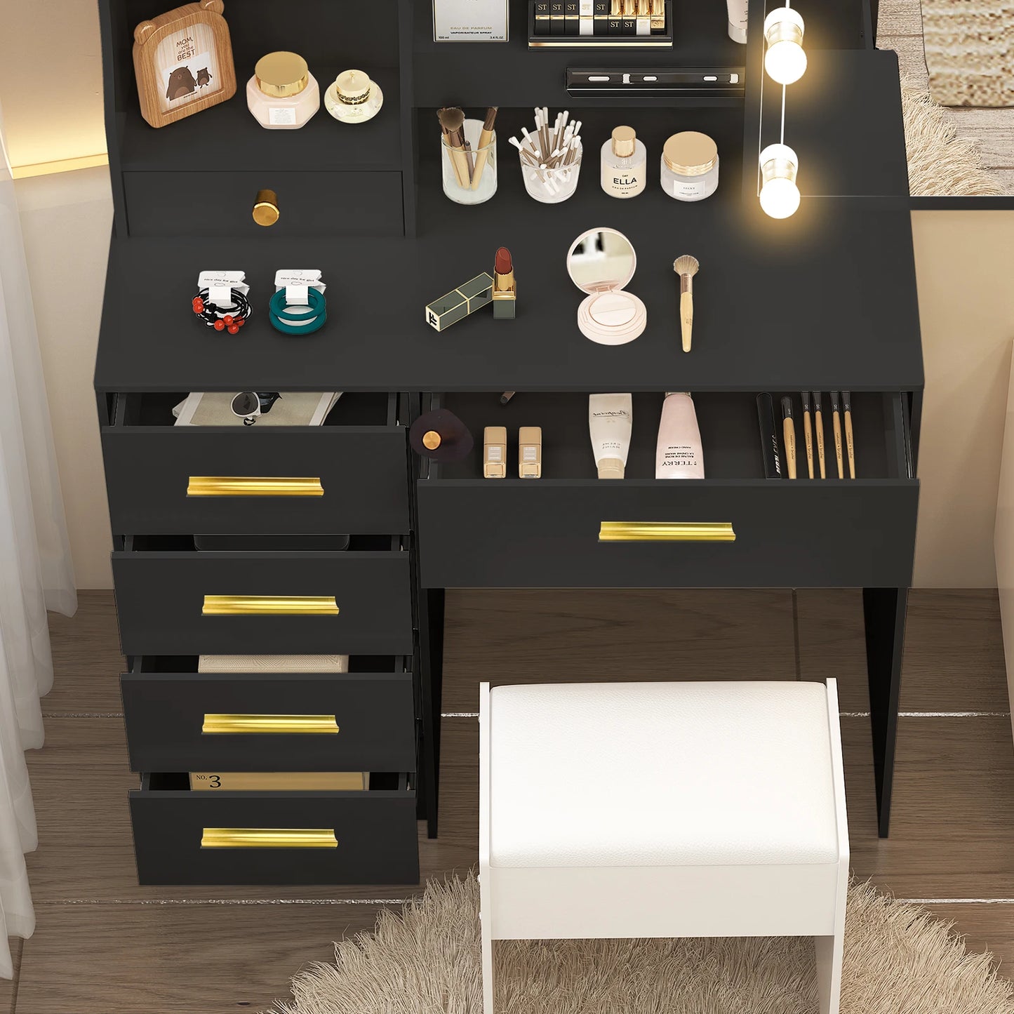 10 LED Lights Makeup Mirror Vanity Table Set with Stool, Sliding Drawers Dressing Desk for Bedroom, Beauty Cosmetic Storage Organizer