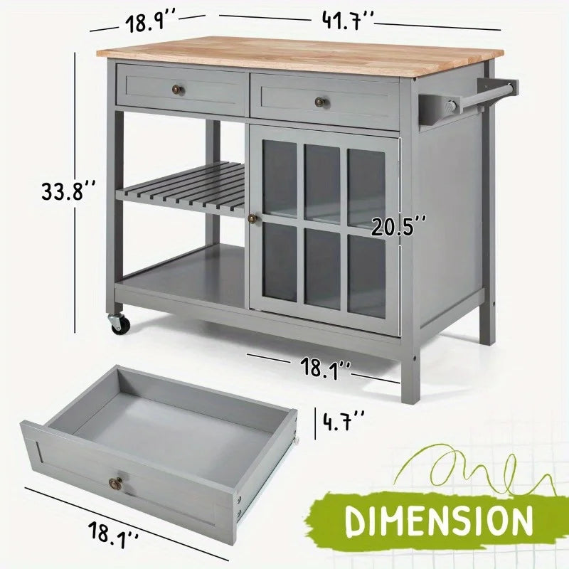 EROMMY 41.7" Solid Wood Top Kitchen Island, Mobile Kitchen Cart with Storage Cabinet, 2 Drawers, Open Shelf & Towel Rack