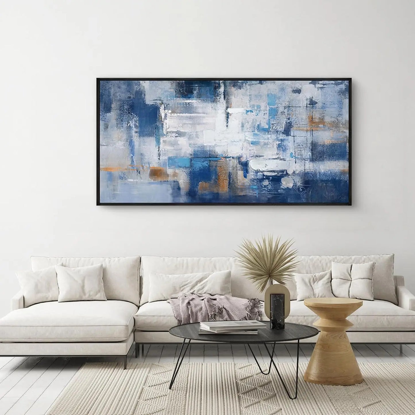 Blue Abstract Canvas Wall Art - Black Frame Artwork Picture Living Room Wall Decor Modern Paintings Large Wall Art for Bedroom Home Decoration