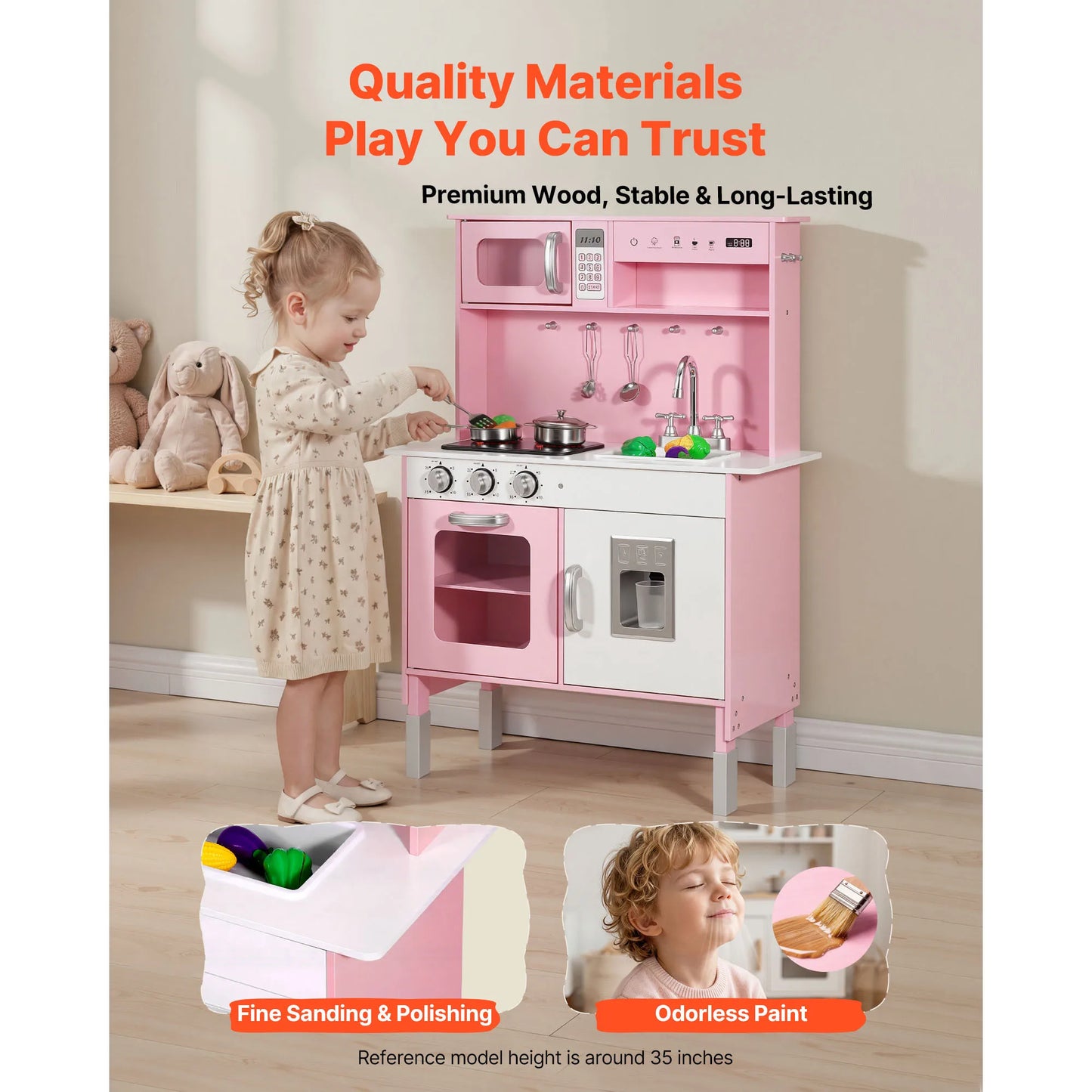 SucceBuy Play Kitchen for Kids Wooden Kids Kitchen Playset with Lights Sounds & Cookware Pretend Play Toy Set fit Toddlers Girls