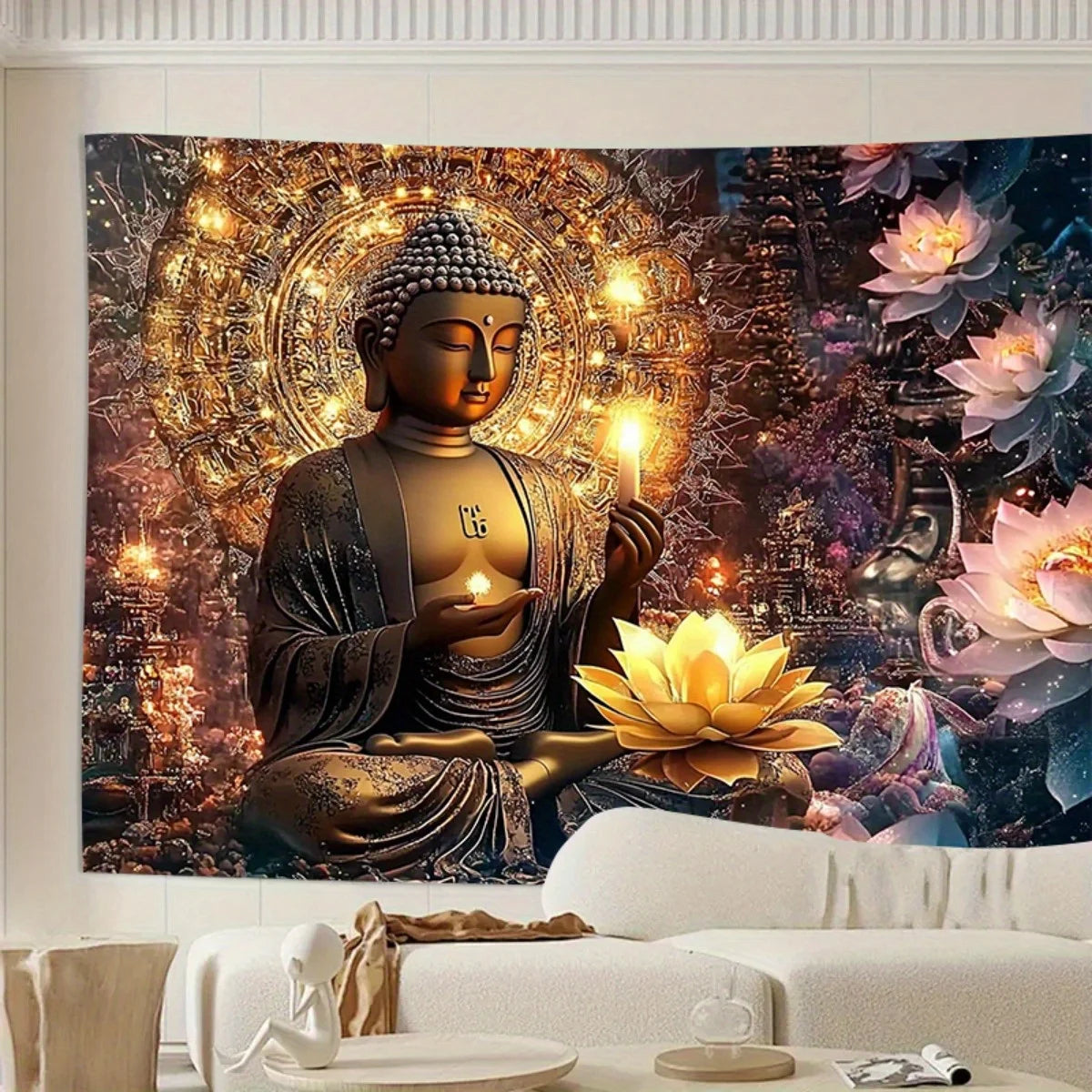 Spiritual Buddha Wall Tapestry Mural Large Decorative Zen Enlightenment Art Hanging Golden Lotus Asian Meditation Room Decor