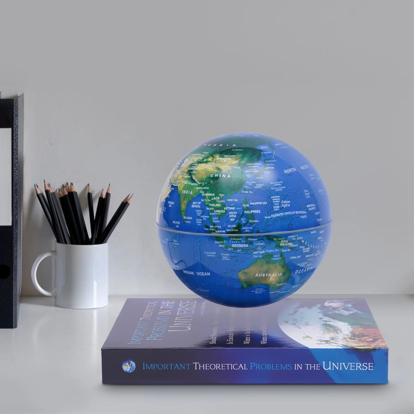 Magnetic Levitation Floating Globe 6 Inch Dark Blue ABS Book Base 100-240V Auto Rotating Geographic Globe Gradient Color LED Light 3-5W Low Power LED Levitating World Map Lamp For Home Office Kids Classroom