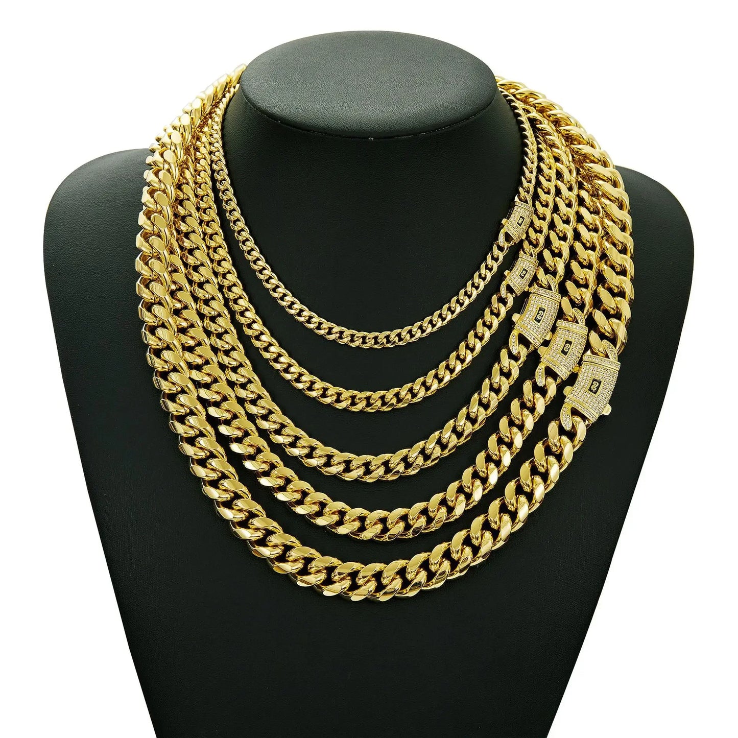 6-14mm Bling Gold Color Stainless Steel Cuban Miami Chains Necklaces CZ Zircon Box Lock Link Chain for Men Hip Hop Rock jewelry