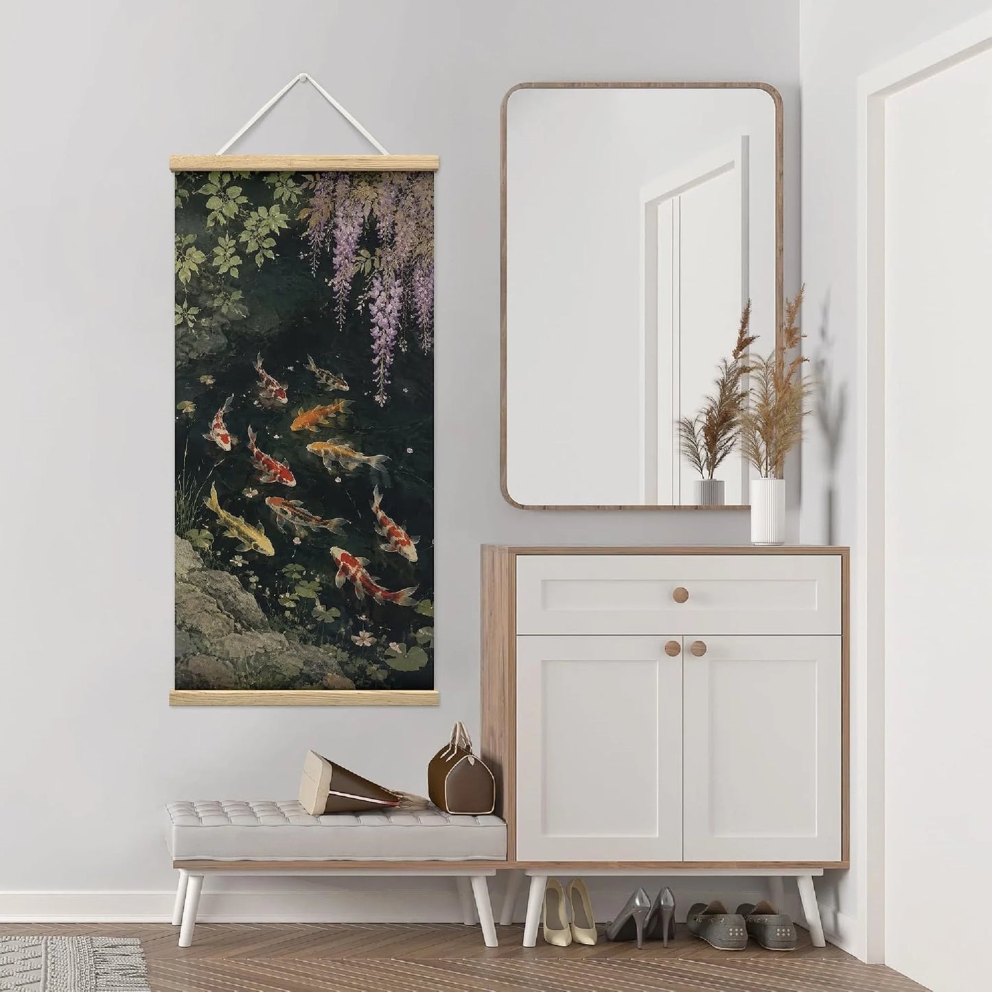 Wooden Framed Hanging Poster Zen Wisteria Koi Fish Pond Oriental Wall Picture Poster Artwork for Home