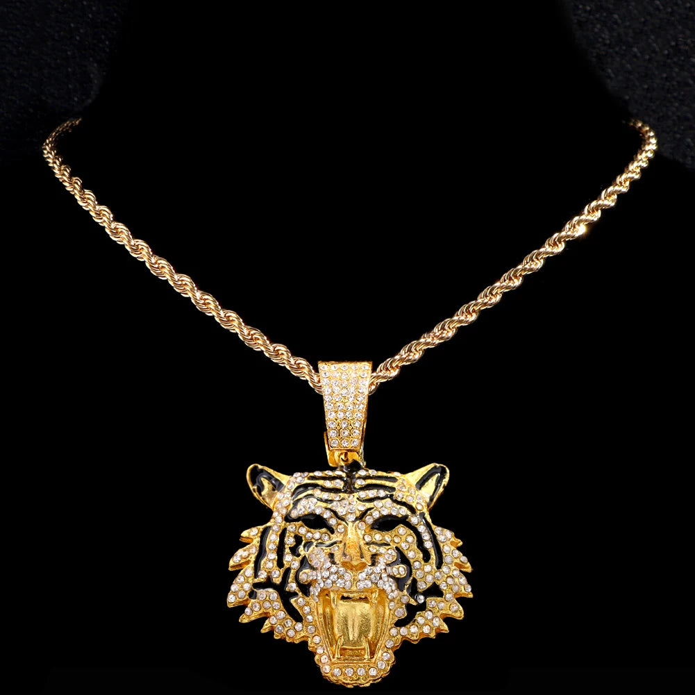 HipHop Tiger Pendant Necklace for Men Women Iced Out Cuban Link Chains Luxury Crystal Cuban CZ Stainless steel Necklaces Jewelry