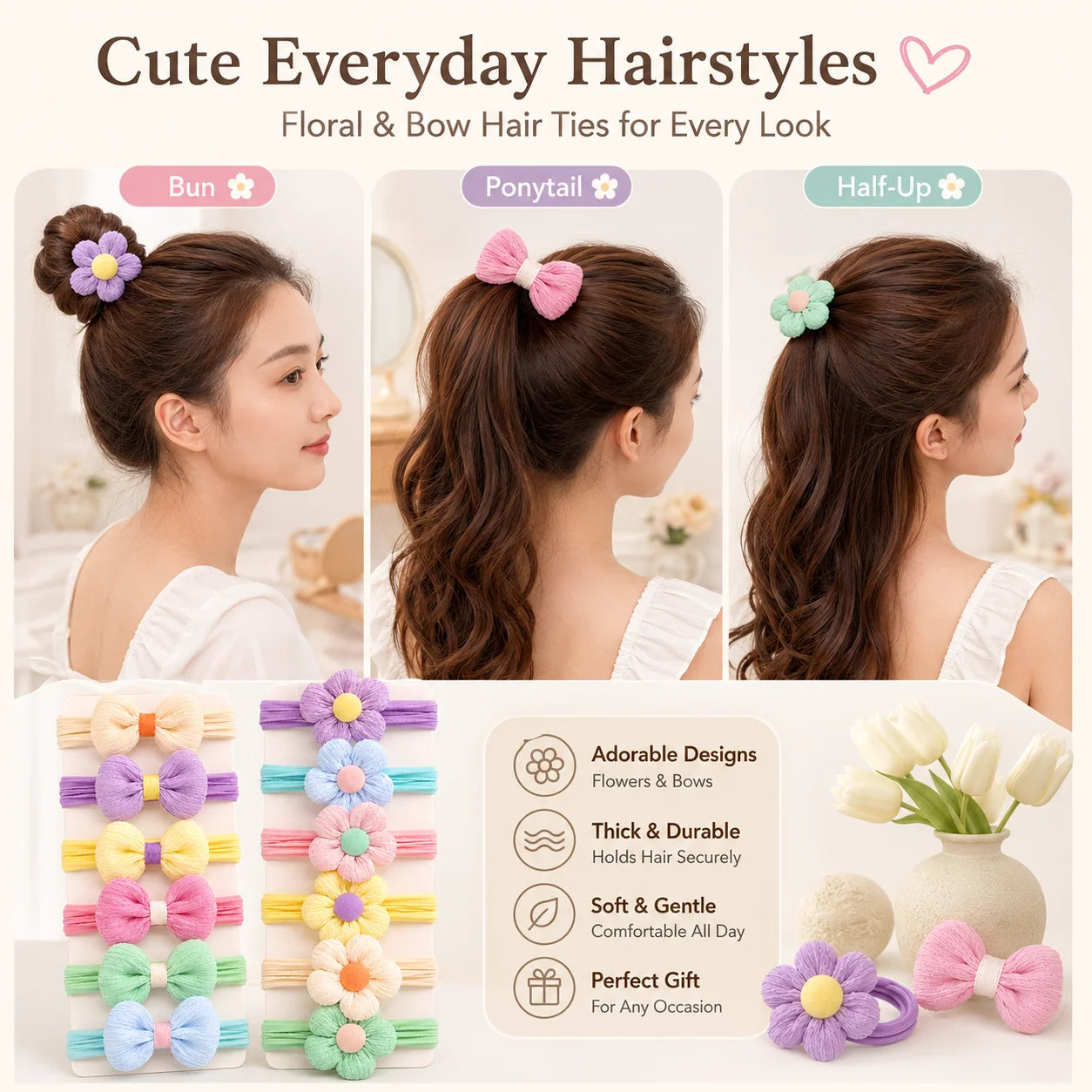 12-Pack Elastic Hair Ties for Girls Non-Damaging Hair Bands Children's Ponytail Rubber Bands Stylish Hair Accessories for Kids
