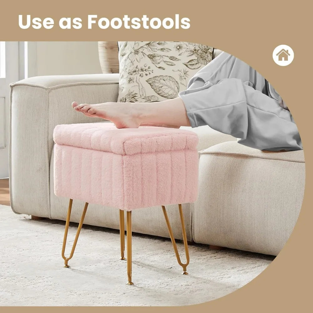 Vanity Stool with Hidden Storage Soft Faux Fur Seat Metal Legs Adjustable Feet for Dressing Room Bedroom Dorm