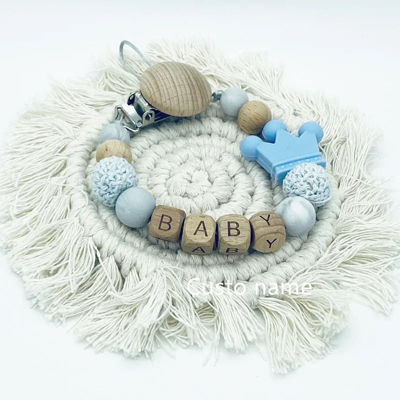 DIY Custom Name Silicone Beads Wooden Ring Pacifier Clips Safe Teething Chains Baby Teether Eco-friendly Dummy Beech Clips Gift