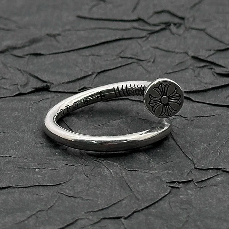 S925 Sterling Silver Retro Old Flat Nail Ring European and American Men and Women Niche Personality Unique Design
