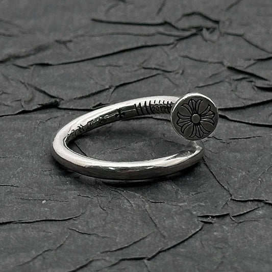 S925 Sterling Silver Retro Old Flat Nail Ring European and American Men and Women Niche Personality Unique Design