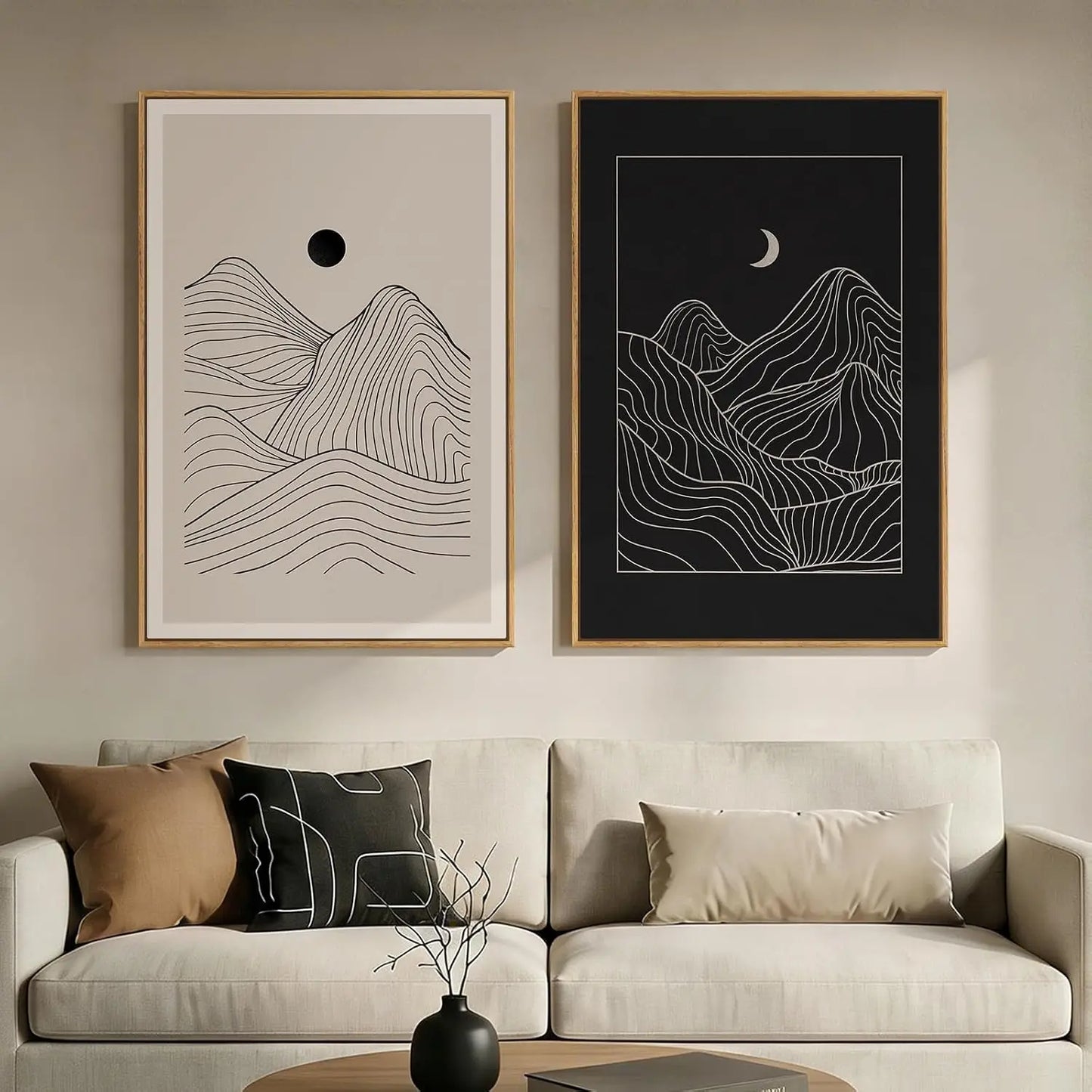 Framed Neutral Abstract Wall Art Set of 2, Black Beige Modern Canvas Prints Paintings Artwork for Walls, Minimalist Block Lines Pictures for Living Room, Dining Room, Bedroom Wall Decor 16x24 In