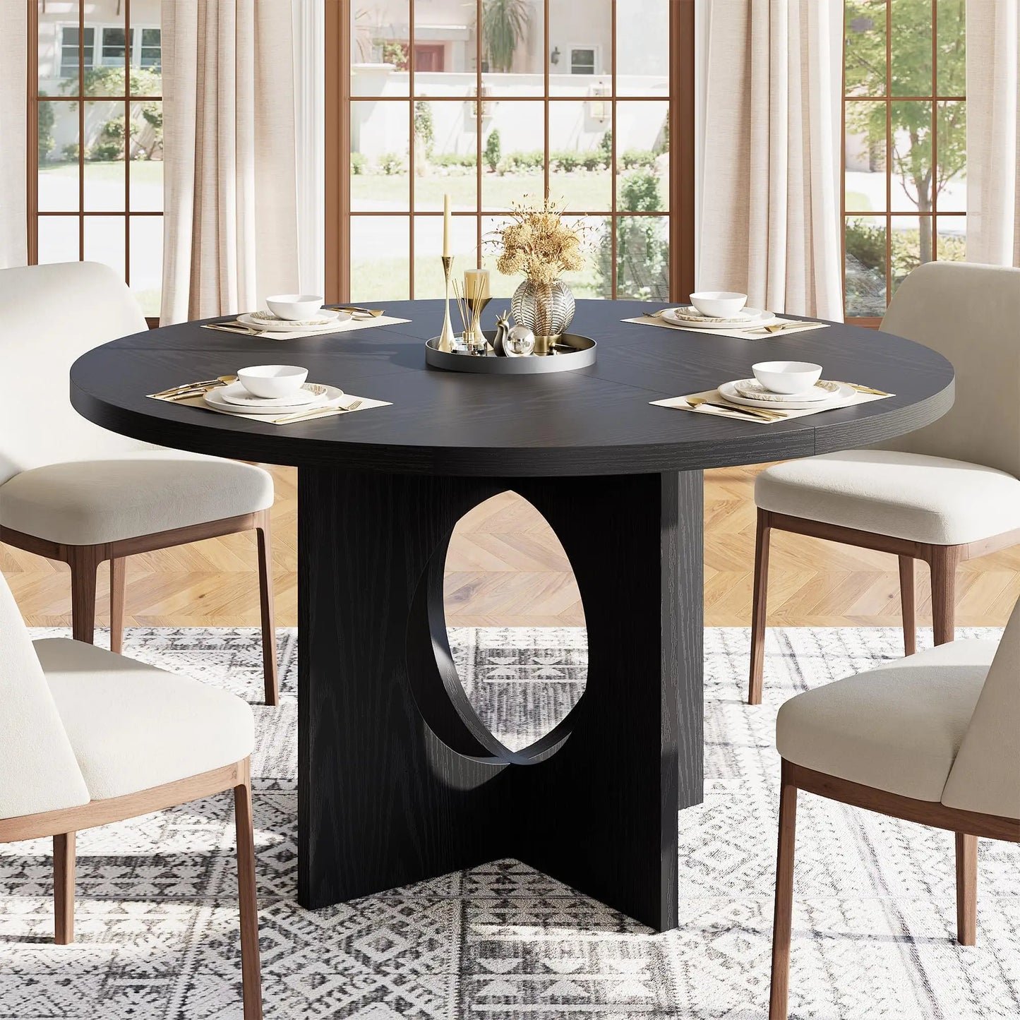 Round Dining Table for 4-6, Wood Dining Room Table, Kitchen Dinner Tables | 47.2'' Farmhouse Dining Room Table with Wooden Pedestal Base, Circle, for Living Room, Balcony, Apartment, O-Shape