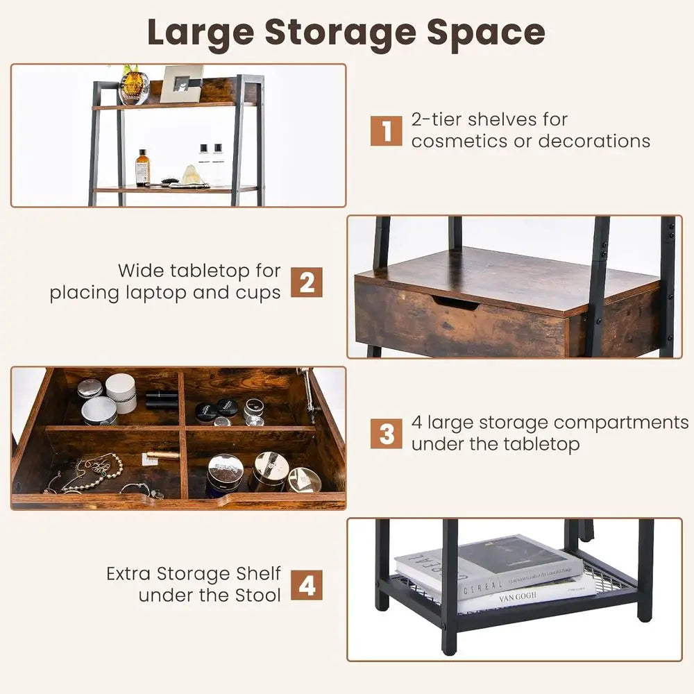 Vanity Desk Set with lip-up Mirror, Ladder Vanity Table and Cushioned Stool Set w/ 4 Storage Comparents, Small Makeup Dring Tabl