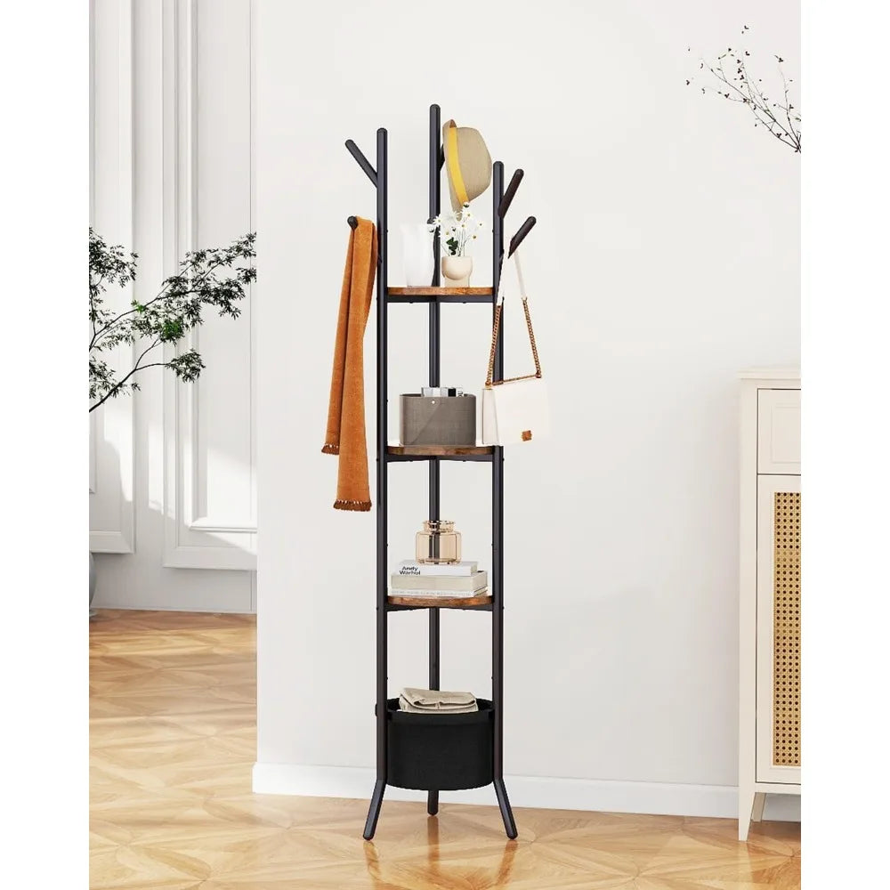 Freestanding Coat Rack with Three Wooden Shelves Fabric Basket and Metal Frame for Hallway Bedroom Storage