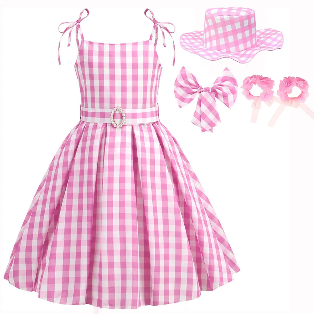 Halloween Hot Movie Margot Robbie Role Play Baby Pink Dress Girl Cowboy Look Dress Summer Sleeveless Plaid Slim Strap Dress Set
