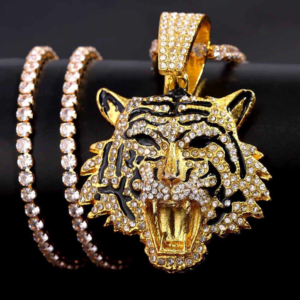 HipHop Tiger Pendant Necklace for Men Women Iced Out Cuban Link Chains Luxury Crystal Cuban CZ Stainless steel Necklaces Jewelry
