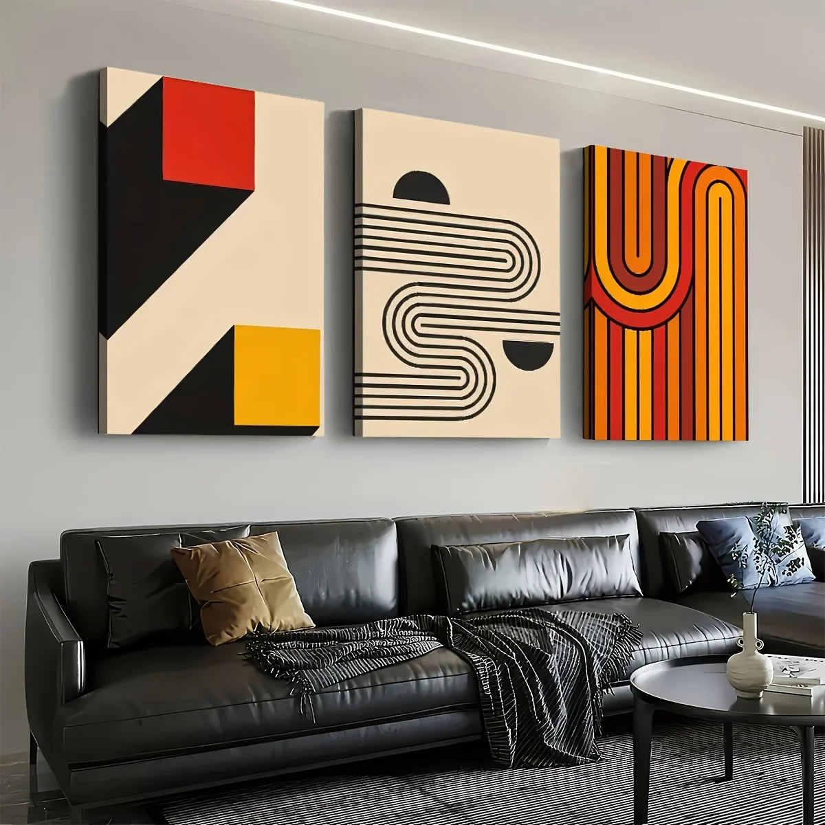 Bohemian Abstract Geometric Line 3-Piece Framed Canvas Wall Art Set, Modern Living Room Sofa Background Decorative Painting, High-Definition Giclee Prints, Ready to Hang（Local Warehouse Fast Shipping）