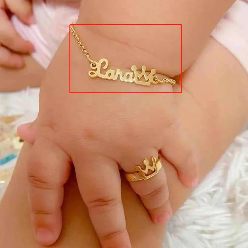 Customized Baby's Name Bracelets For Newborn Girls Boy Stainless Steel Crowned Bracelets And Rings Set Children Jewelry