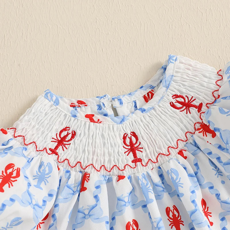 Cute Baby Girls Dress with Crab Print Round Neck and Short Sleeves Adorable Casual Dress for Summer Toddler Kids Beach Dress