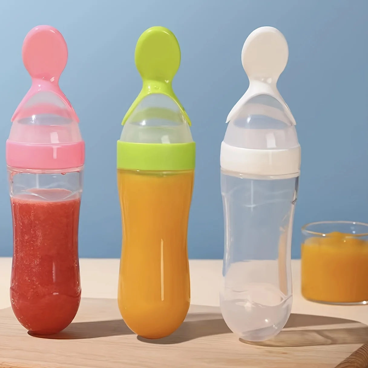 7pcs/set Baby Feeding Set: 2pcs Silicone Feeding Bottle with Spoon,Squeeze Baby Food Dispensing Feeder,2pcs Fresh Food Feeder Pacifier,3-Size Nipples, Toddler Feeding Bottle Set