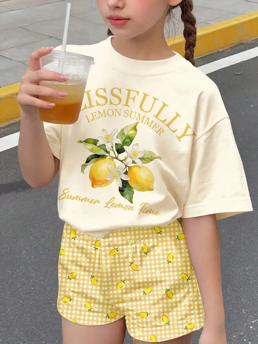 Womens Cherry Bow Print Short Sleeve T-Shirt And Plaid Shorts 2-Piece Set Summer Casual Streetwear Outfit