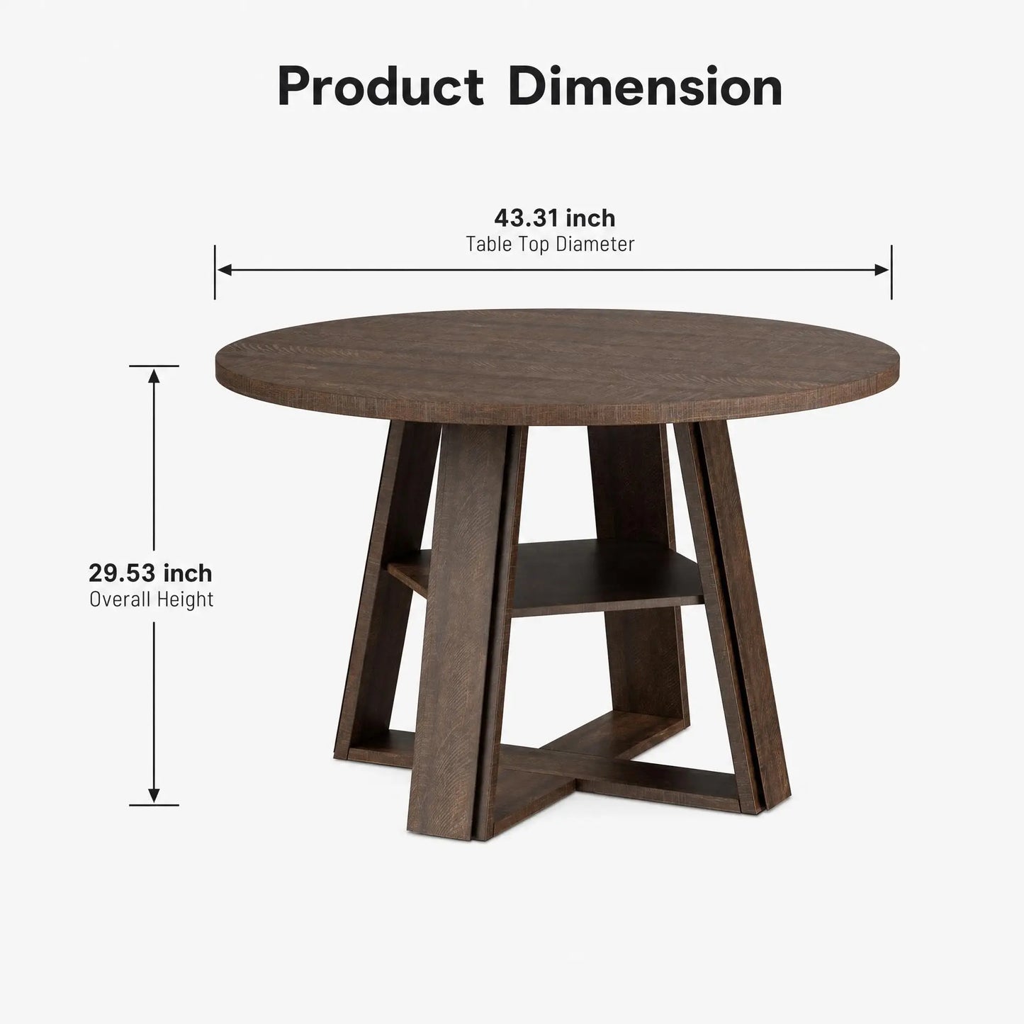 Modern Farmhouse 43'' Round Dining Table with Sturdy Wooden Pedestal, Extra Storage Shelf, Space-Saving for Kitchen & Dining Room, Seats 2-4，(Only table)