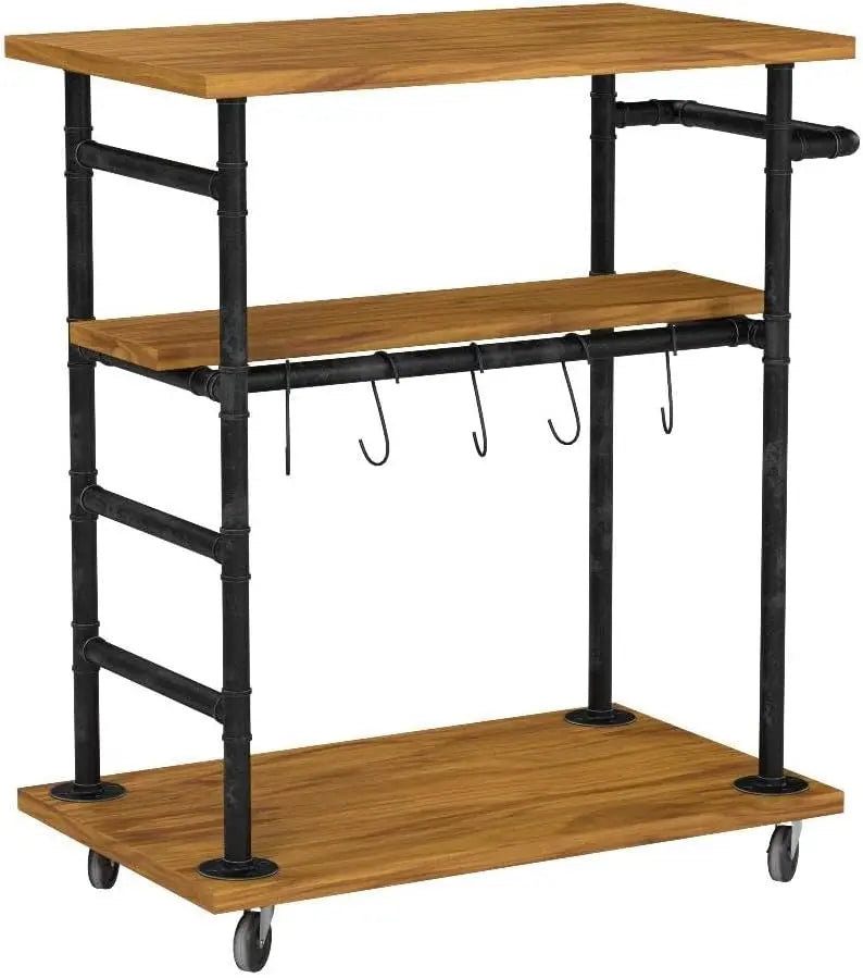 Industrial Style 3-Tier Wheeled Kitchen Island with Wood & Pipe Frame Butcher Block Surface Mobile Serving Cart Multipurpose Wine Coffee Beverage Rolling Bar Trolley for Household Kitchen Home Bar