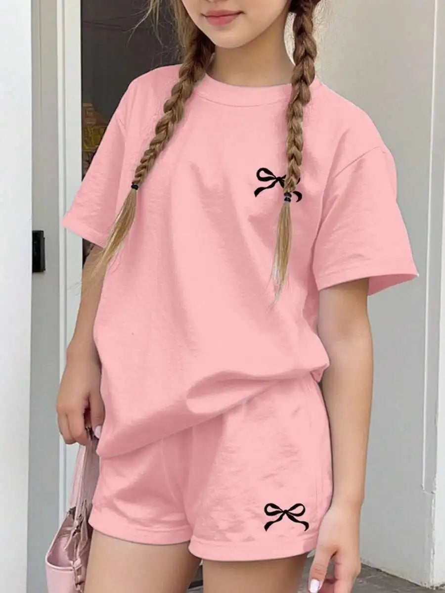 Womens Cherry Bow Print Short Sleeve T-Shirt And Plaid Shorts 2-Piece Set Summer Casual Streetwear Outfit