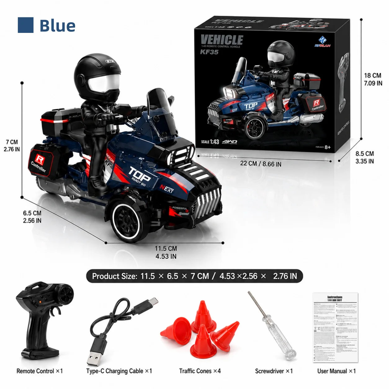 1/43 RC Drift Motorcycle, 2.4GHz Remote Control 3-Wheel Drift Trike with Detachable Rider Figure, LED Lights, High-Speed Racing Motorcycle Toy, Mini RC Car, USB Rechargeable, Birthday Christmas Gift for Kids Boys Adults
