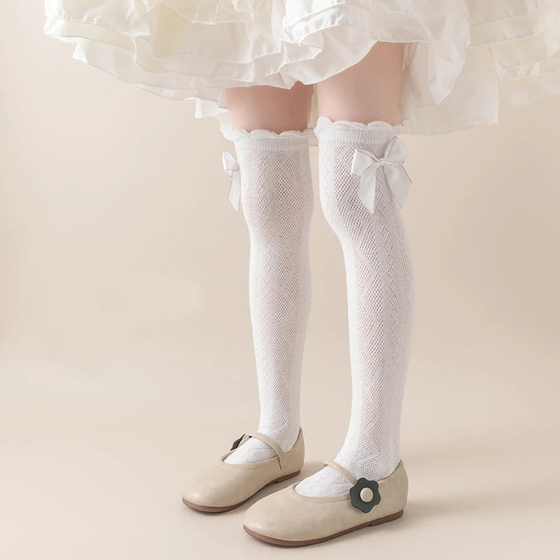 1pcs Girls Knee High Socks Spring Summer Baby Kids Toddlers Long Soft Cotton Socks Student Lace Bow Childrens Lolita Style Socks