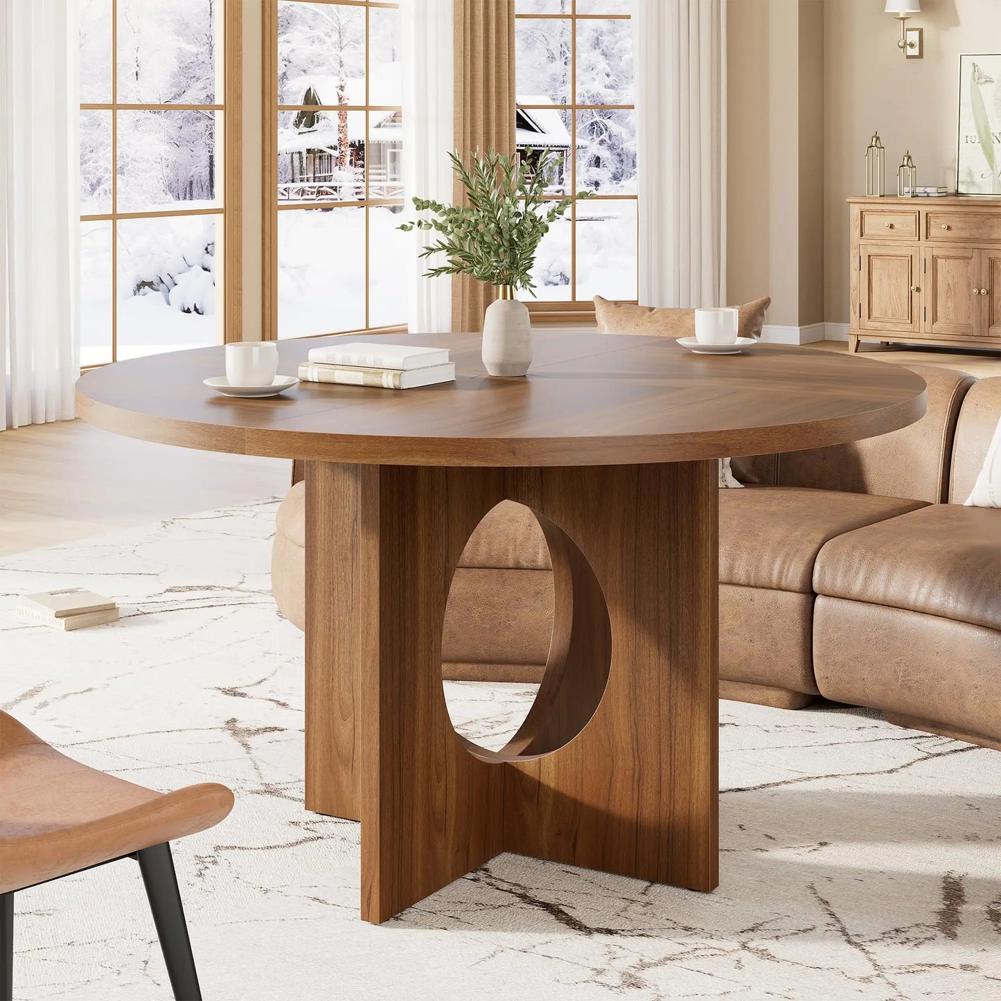 Round Dining Table for 4-6, Wood Dining Room Table, Kitchen Dinner Tables | 47.2'' Farmhouse Dining Room Table with Wooden Pedestal Base, Circle, for Living Room, Balcony, Apartment, O-Shape