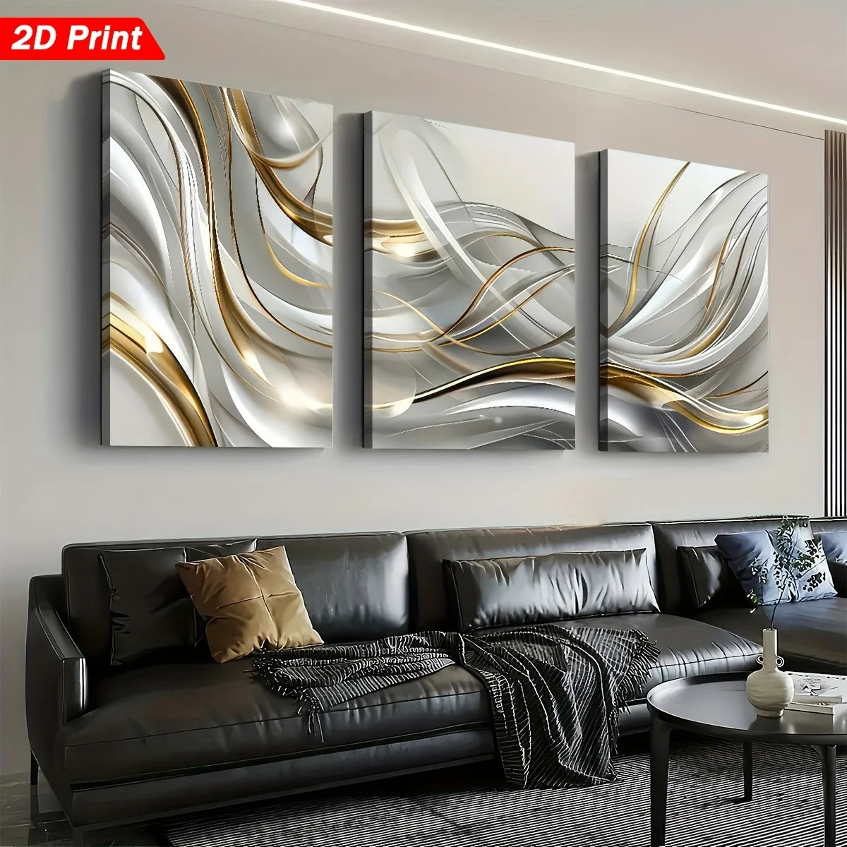 Modern Abstract Line Art 3-Piece Framed Canvas Wall Art Set, Living Room Sofa Background Decorative Painting, High-Definition Giclee Prints, Ready to Hang（Local Warehouse Fast Shipping）
