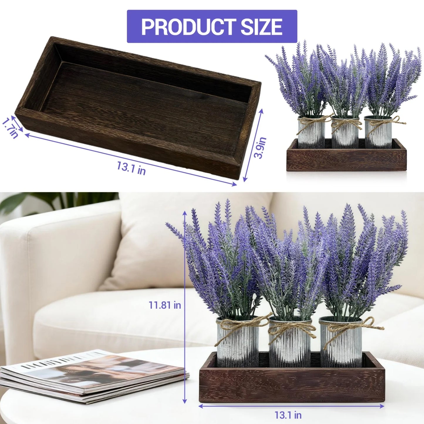 3-Piece Lavender Flowers Artificial with Decorative Wood Tray Set, Small Fake Lavender Plants in Galvanized Metal Pot, Faux Plant Dining Room Table Centerpiece for Kitchen, Coffee Table & Office