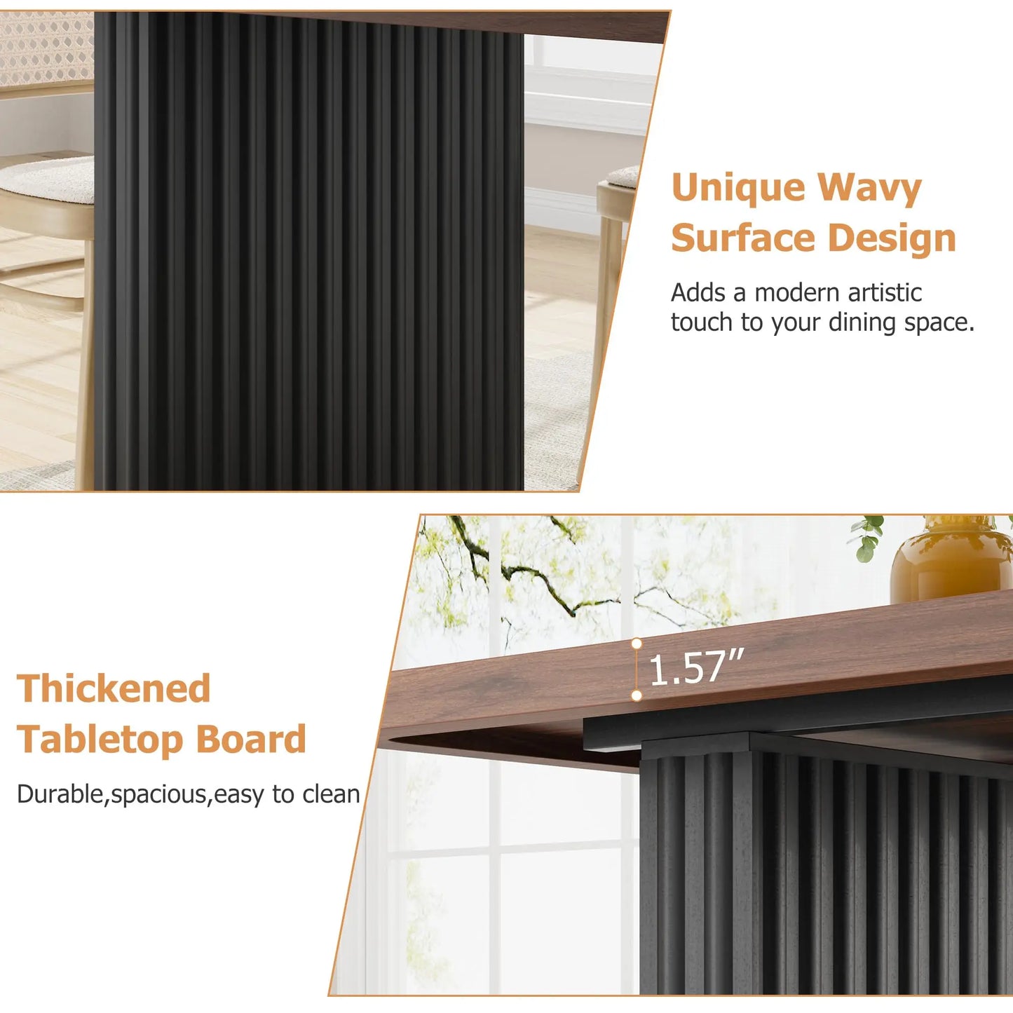 Modern Dining Table for 6-8, 71" Rectangular Farmhouse Kitchen Table with 3.6"×22.9" Black Fluted Wave Metal Legs & Wooden Top, Large Dining Table for Home Office, Dining