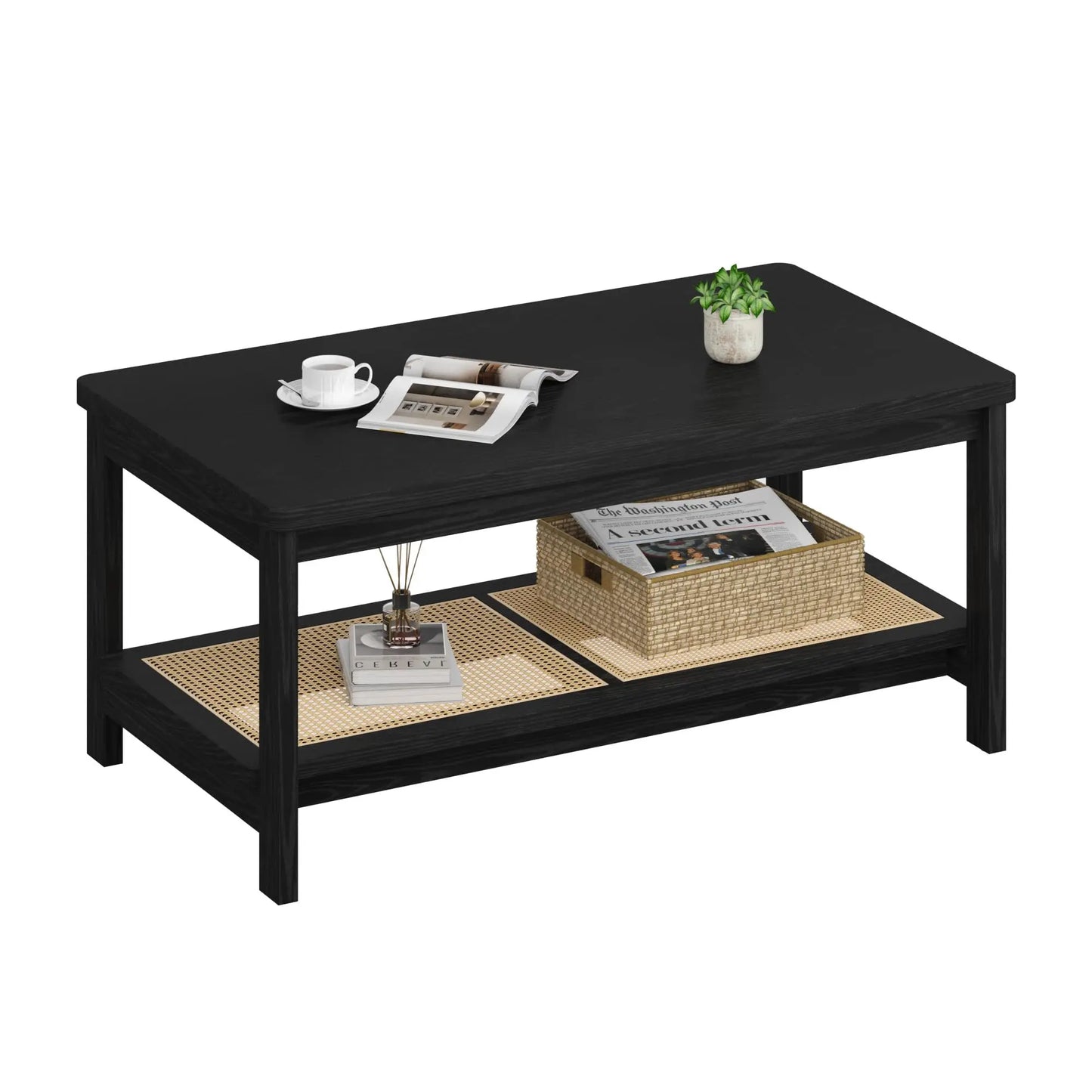 39.4in Boho Rectangular Coffee Table With Rattan Storage Shelf, 2 Tier Mid Century Modern Center Table For Living Room, Apartment, Small Space