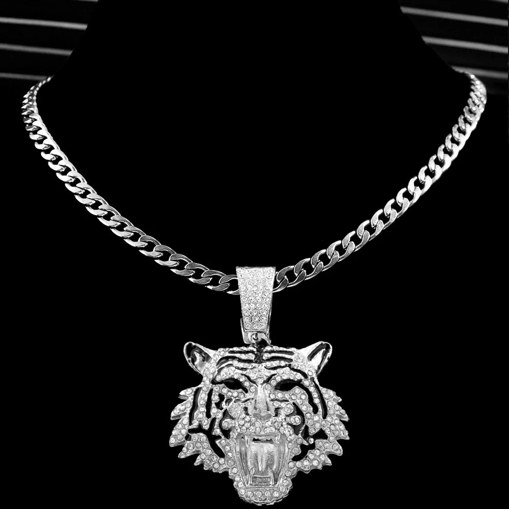 HipHop Tiger Pendant Necklace for Men Women Iced Out Cuban Link Chains Luxury Crystal Cuban CZ Stainless steel Necklaces Jewelry
