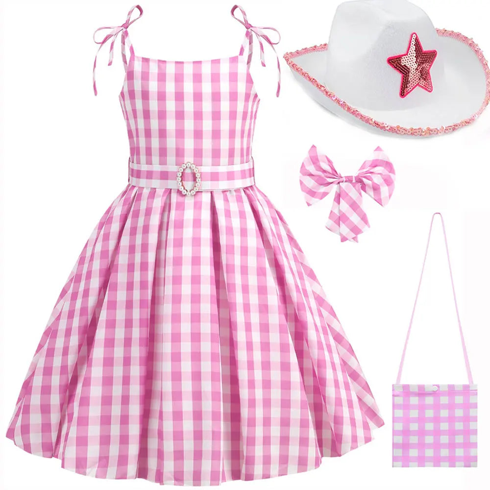 Halloween Hot Movie Margot Robbie Role Play Baby Pink Dress Girl Cowboy Look Dress Summer Sleeveless Plaid Slim Strap Dress Set