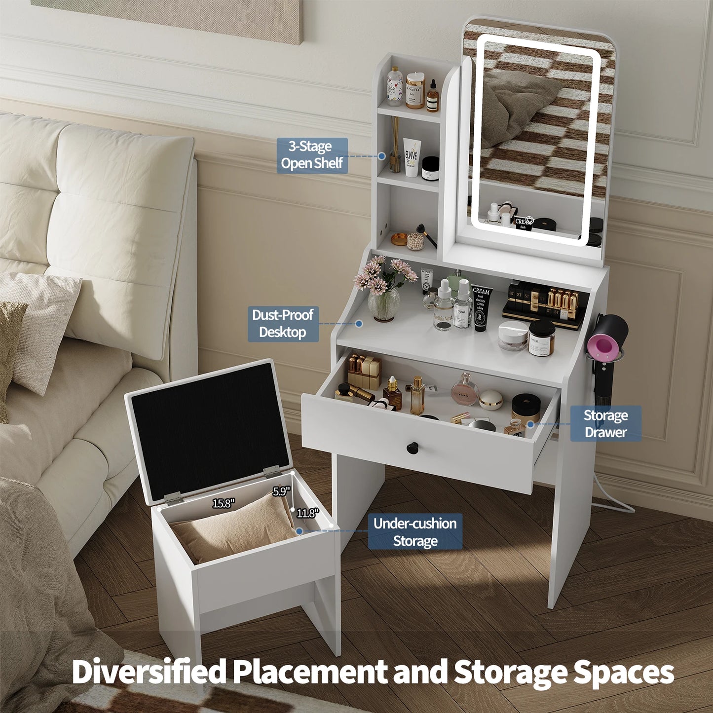 JHK 24IN Makeup Vanity Table Set with Mirror and Lights Small Vanity with Storage Bench Charging Station and Hair Dryer Holder Dressing Table with Drawer and Three Shelves