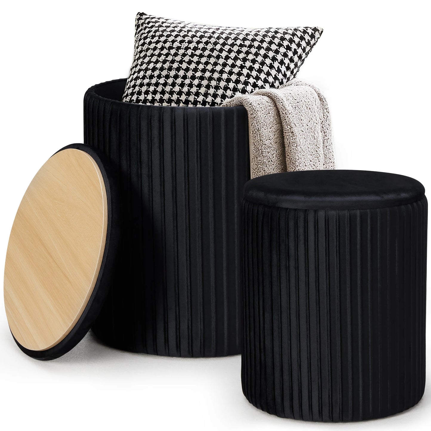 JHK Living Room Round Ottoman with Storage Set of 2 Hidden  Footstool Toy Box Bedroom Bench Strong Load-bearing Capacity Stool