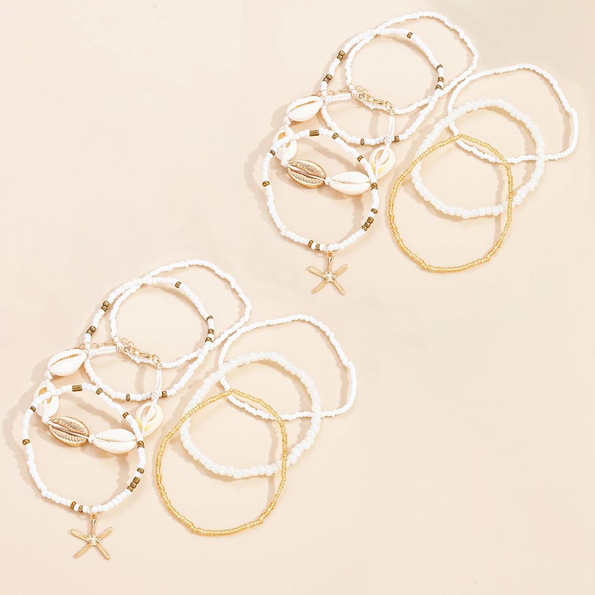 14 piece set of fashionable Bohemian acrylic starfish beaded rice bead women's fashionable bracelet set for beach vacation