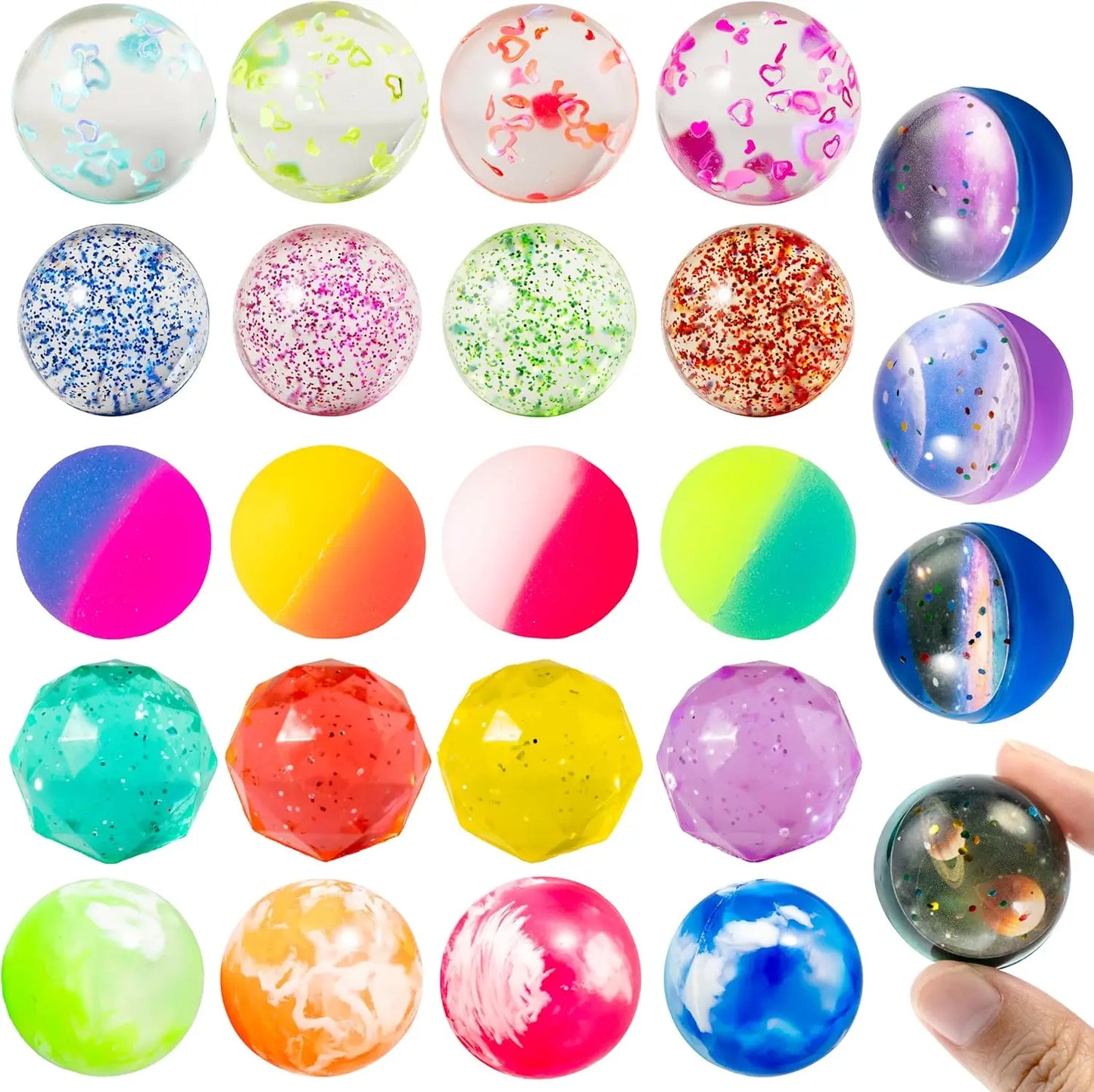 24 PCS Multistyle Bouncy Balls 6 Styles 32mm Assorted Bouncy Balls Bulk for Kids Party Favors Chirstmas Birthdays Gifts